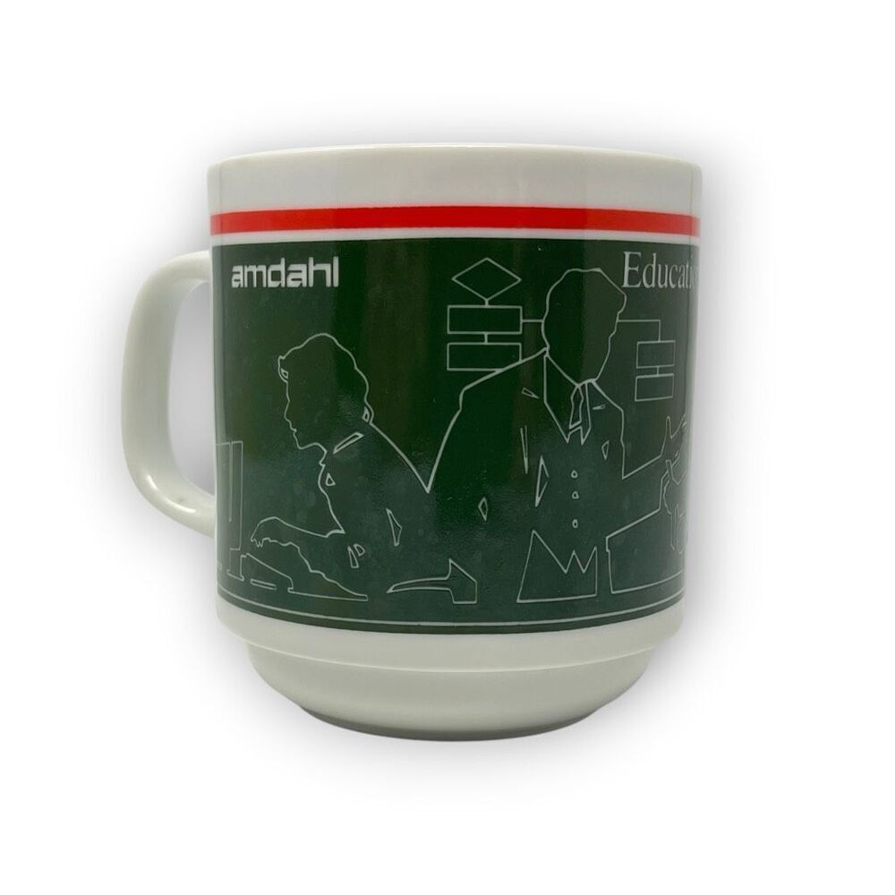 Amdahl Education Computer Advertising Ceramic Mug White Green Office Scene
